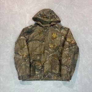 Realtree camo jacket with hood, zipper pockets, and velcro pockets #camo